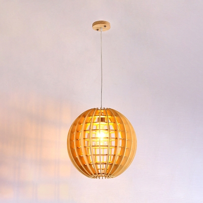 1 Head Dining Room Hanging Light Asia Beige Suspended Lighting Fixture with Globe Wood Shade