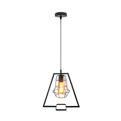 1 Light Cage Ceiling Pendant Vintage Black Metal Hanging Light with Trapezoid Frame