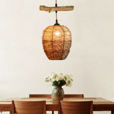 1 Light Dining Room Hanging Light Fixture Brown Suspension Pendant with Jar Rattan Shade