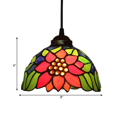 1 Light Suspension Light Tiffany Blossom Red/Pink/Green Cut Glass Hanging Lamp Kit for Living Room