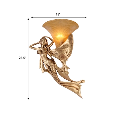 1 Light Wall Light Fixture Country Style Bell Amber Glass Wall Mount Lighting with Golden Mermaid Design, Left/Right