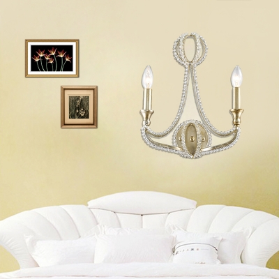 2 Lights Candle Wall Mounted Light Traditional Gold Metal Sconce with Clear Crystal Accent