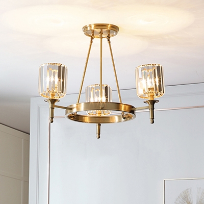 3/5/6 Heads Cylinder Chandelier Lighting Contemporary Crystal Hanging Light Fixture in Brass for Living Room