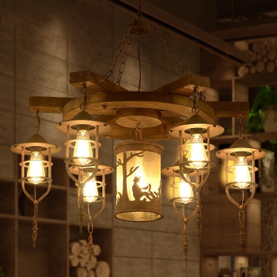 3/7 Lights Chandelier Light Industrial Caged Metallic Hanging Ceiling Fixture in Wood for Dining Room