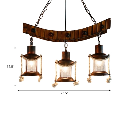 3 Lights Clear Glass Chandelier Light Industrial Style Dark Brown Kerosene Dining Room Pendant Lamp