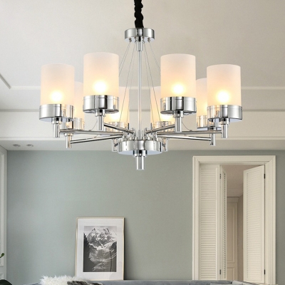 8 Heads Dining Room Chandelier Lamp Modern Chrome Hanging Light Kit with Cylindrical Frosted Glass Shade