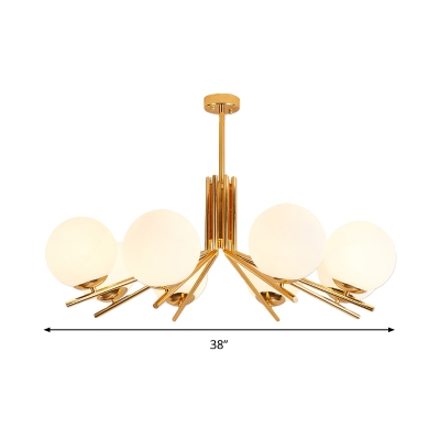8 Heads Round Ceiling Chandelier Contemporary Opal Glass Hanging Pendant Light in Gold