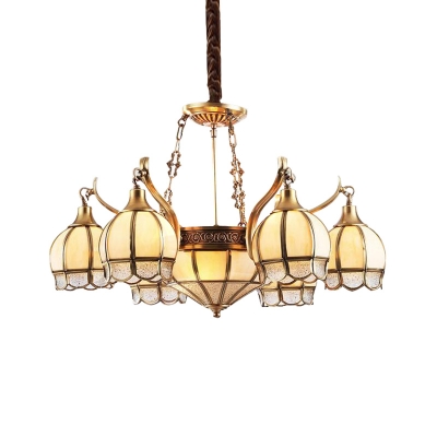 9 Bulbs Ball Chandelier Lamp Colonial Gold Opal Frosted Glass Hanging Ceiling Light