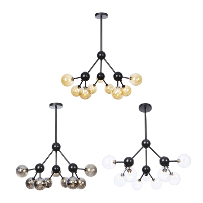 Amber/Clear/Smoke Gray Glass Ball Chandelier Lighting Industrial Style 3/9/12 Lights Hanging Fixture for Living Room, 13