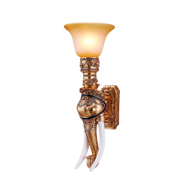 Amber Glass Bell Wall Sconce Fixture Lodge Style 1 Light Bedroom Wall Mounted Lamp with Golden Elephant Design
