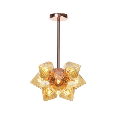 Amber Ribbed Glass Tapered Chandelier Lighting Contemporary 9/12 Heads Hanging Ceiling Light