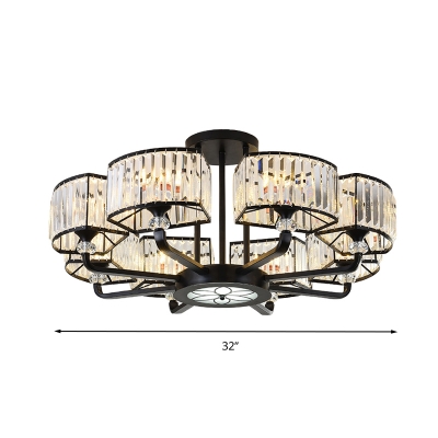 Armed Semi Flush Light Modern Metal 6/8 Heads Black Ceiling Mounted Fixture with Crystal Shade, 25