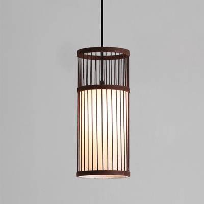 Beige/Coffee Cylinder Pendant Lamp Modern 1 Light Bamboo Hanging Light Fixture for Living Room