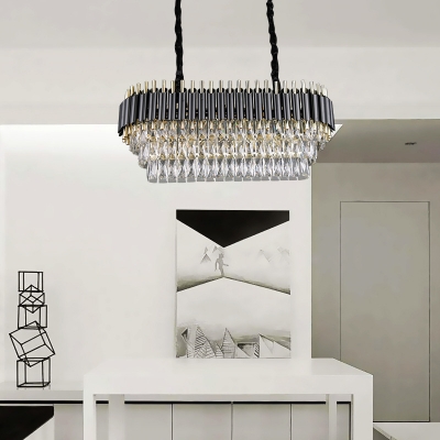 Black Oval Chandelier Light Fixture Contemporary 6/8 Heads Three Sided Crystal Rod Hanging Lamp