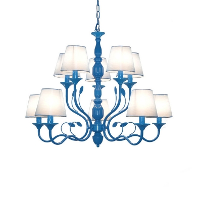 Blue 10/12/16 Heads Pendant Chandelier Antique Metal Branch Ceiling Hanging Light with White Cone Fabric Shade