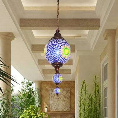 Blue/Green Glass Orb Ceiling Lamp Moroccan 1 Head Dining Room Suspension Pendant Light