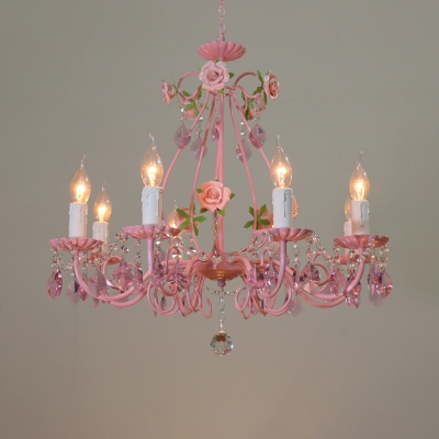 Candle Living Room Ceiling Chandelier Traditional K9 Crystal 3/5/8 Heads Pink Hanging Light Fixture