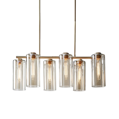 Champagne Cylinder Island Lamp Modernist 6 Heads Clear Glass Hanging Light Fixture for Dining Room