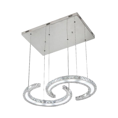 Chrome C-Shape Hanging Light Simple Style Crystal Block LED Chandelier Lamp in Warm/White/3 Color Light