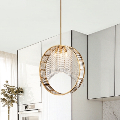 Circle Crystal Chandelier Lamp Modern Style 3 Lights Brass Suspension Pendant Light for Living Room