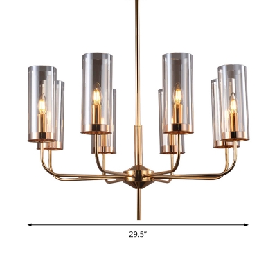 Cognac Glass Cylinder Ceiling Chandelier Modern 8 Heads Hanging Pendant Light with Metal Curved Arm