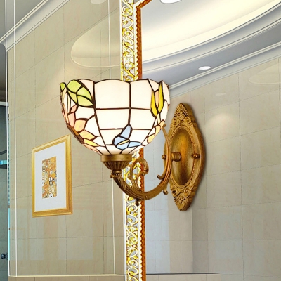 Colorful Cut Glass Bowl Shade Sconce Mediterranean 1 Light Brass Wall Mounted Vanity Light for Bathroom