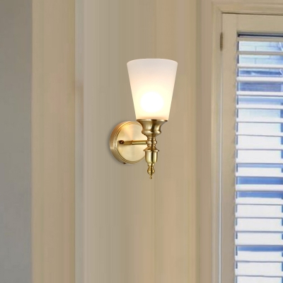 Cone Shade Indoor Wall Sconce Modernist Frosted Glass 1/2-Light Brass Finish Wall Light Fixture