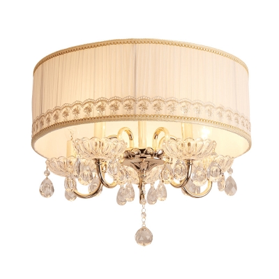Contemporary Candelabra Ceiling Lamp Crystal Drop 5 Heads Bedroom Flush Mount in White with Round Fabric Shade