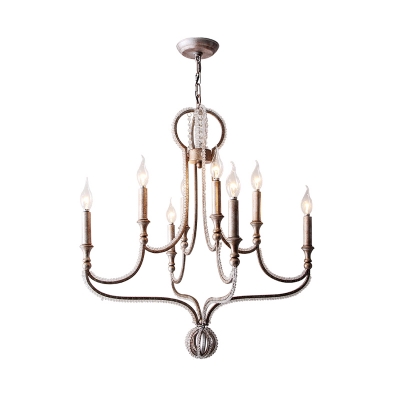 Crystal Candelabra Chandelier Lamp Countryside 8 Lights Living Room Hanging Ceiling Light in Aged Silver