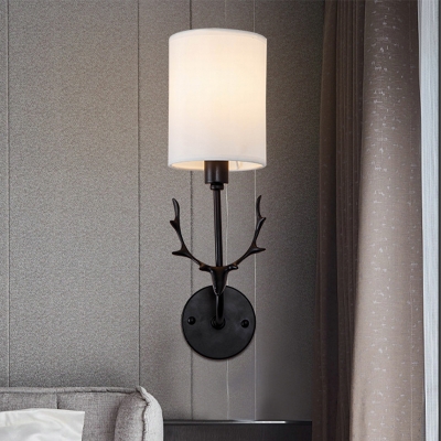 Cylinder Fabric Wall Lighting Countryside 1 Head Living Room Sconce Lamp Fixture in Black/Brass