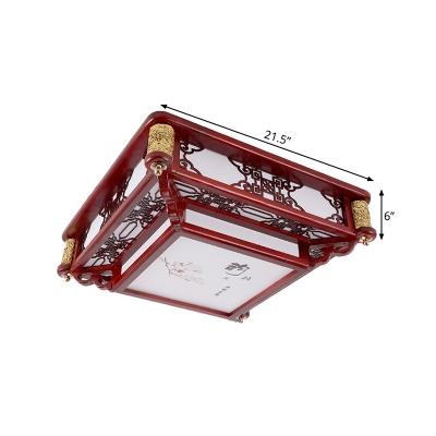 Dark Red LED Flush Mount Fixture Traditional Wooden Square/Rectangle Ceiling Mounted Light for Living Room, 21.5