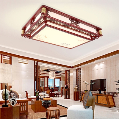 Dark Red LED Flush Mount Fixture Traditional Wooden Square/Rectangle Ceiling Mounted Light for Living Room, 21.5