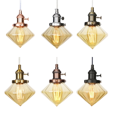 Diamond Amber/Clear Glass Hanging Fixture Industrial Style 1 Bulb Black/Bronze/Brass Ceiling Lamp with Adjustable Cord for Indoor