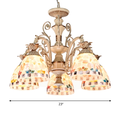 Domed Shaped Chandelier Lamp Tiffany Stained Glass 3/5 Lights White and Gold Hanging Lamp Kit