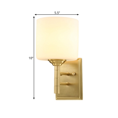 Drum Ivory Glass Wall Light Sconce Minimalism Style 1 Light Living Room Wall Mount Lamp in Brass