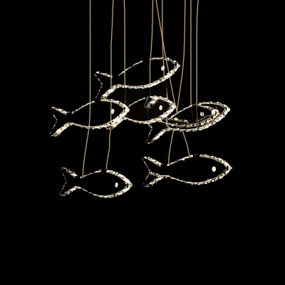 Fish Crystal Pendant Chandelier Modernism LED Chrome Hanging Ceiling Light in White/Warm Light