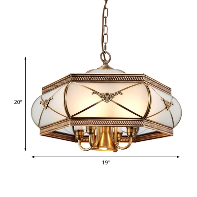 Frosted Glass Brass Chandelier Hexagon 5 Lights Colonialism Down Lighting Pendant for Dining Room