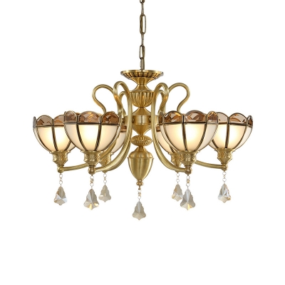Gold 6 Bulbs Hanging Chandelier Colonialist Frosted Glass Hemisphere Ceiling Pendant Light with Triangle Crystal Drop