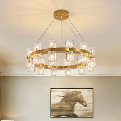 Gold Ring Ceiling Chandelier Postmodern Ridged Crystal 24 Lights Bedroom Hanging Lamp Kit