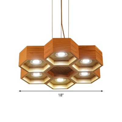 Honeycomb Wood Chandelier Pendant Light Modern 6 Lights Beige Suspension Light for Living Room
