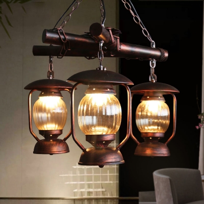 Industrial Lantern Ceiling Chandelier Pendant 3 Lights Metal Hanging Fixture in Red Brown