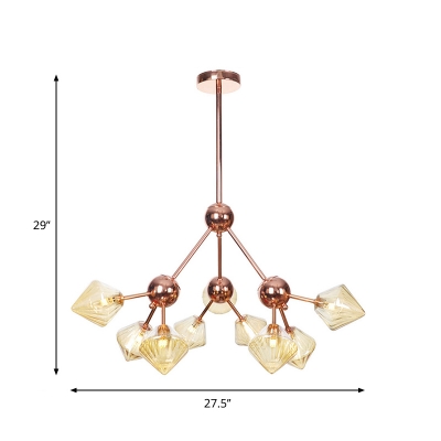 Industrial Style Diamond Chandelier Lighting Amber/Clear Glass 3/9/12-Bulb Dining Room Hanging Lamp, 13