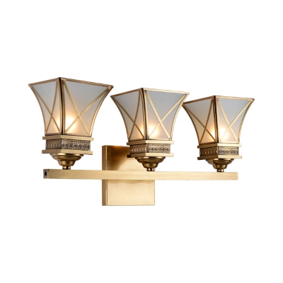 Metal Brass Wall Lamp Flared 3 Bulbs Traditionalism Vanity Wall Light Fixture with Frosted Glass Shade