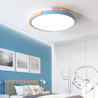 Metal Drum Ceiling Lighting Macaron Blue/Pink/Green LED Flush Mount Fixture with Acrylic Shade in Warm/White Light