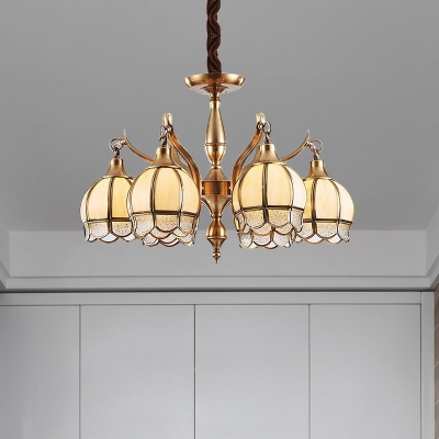 Metal Gold Ceiling Chandelier Armed 6 Bulbs Colony Hanging Light Fixture with Globe Frosted Glass Shade