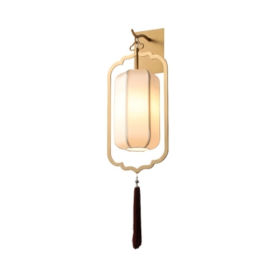 Metal Gold Wall Mount Lighting Lantern 1 Bulb Traditional Flush Wall Sconce with Fabric Shade for Bedroom