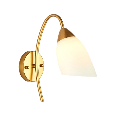 Milky Glass Flared Wall Lamp Modern 1 Head Gold Sconce Light Fixture with Metal Curved Arm