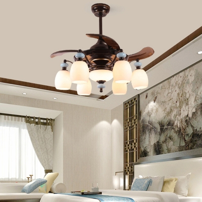 Opal Glass Black Ceiling Fan Bowl 6/8 Lights Traditionalism Semi Flush Mount Chandelier for Bedroom