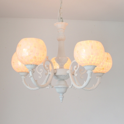 Spherical Pendant Chandelier 3/5/8 Lights Shell Tiffany Stylish Hanging Light Fixture in White for Living Room
