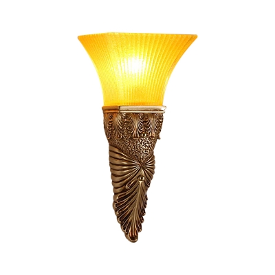 Resin Carved Wall Light Country 1 Light Living Room Gold/Silver/White and Gold Sconce Lamp with Yellow Glass Flared Shade